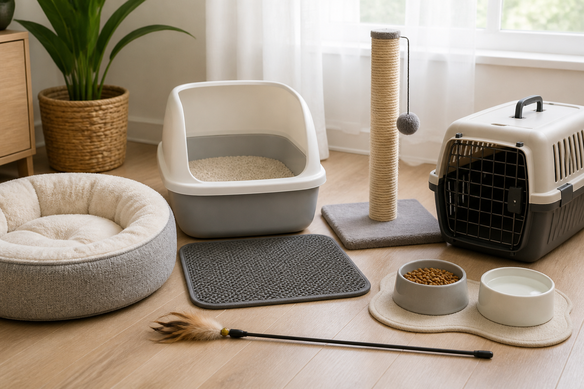Essential cat accessories arranged in a home: cat bed, litter box, litter mat, scratching post, bowls, toys, and carrier.