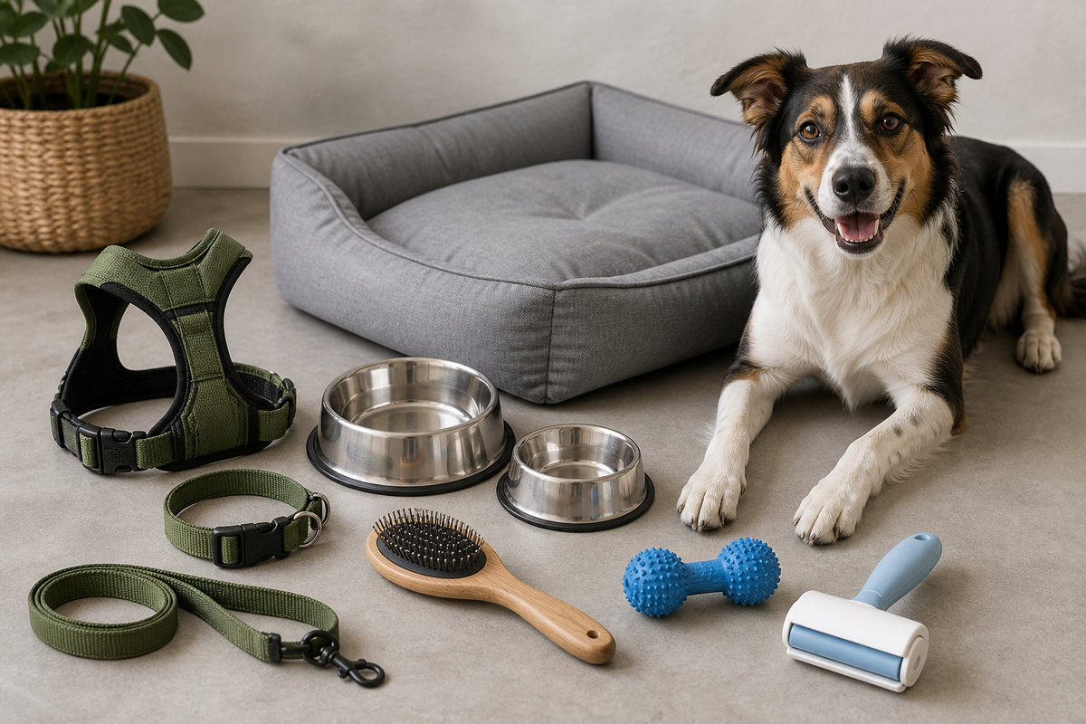 Essential dog accessories arranged on the floor next to a medium-sized dog