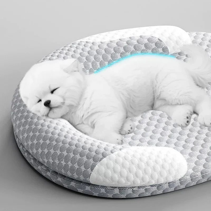 Cama Refrescante para Gatos – Tapete Redondo Respirável e Lavável para Animais de Estimação com Suporte para o Pescoço, Cama de Verão Projetada para Climas Quentes