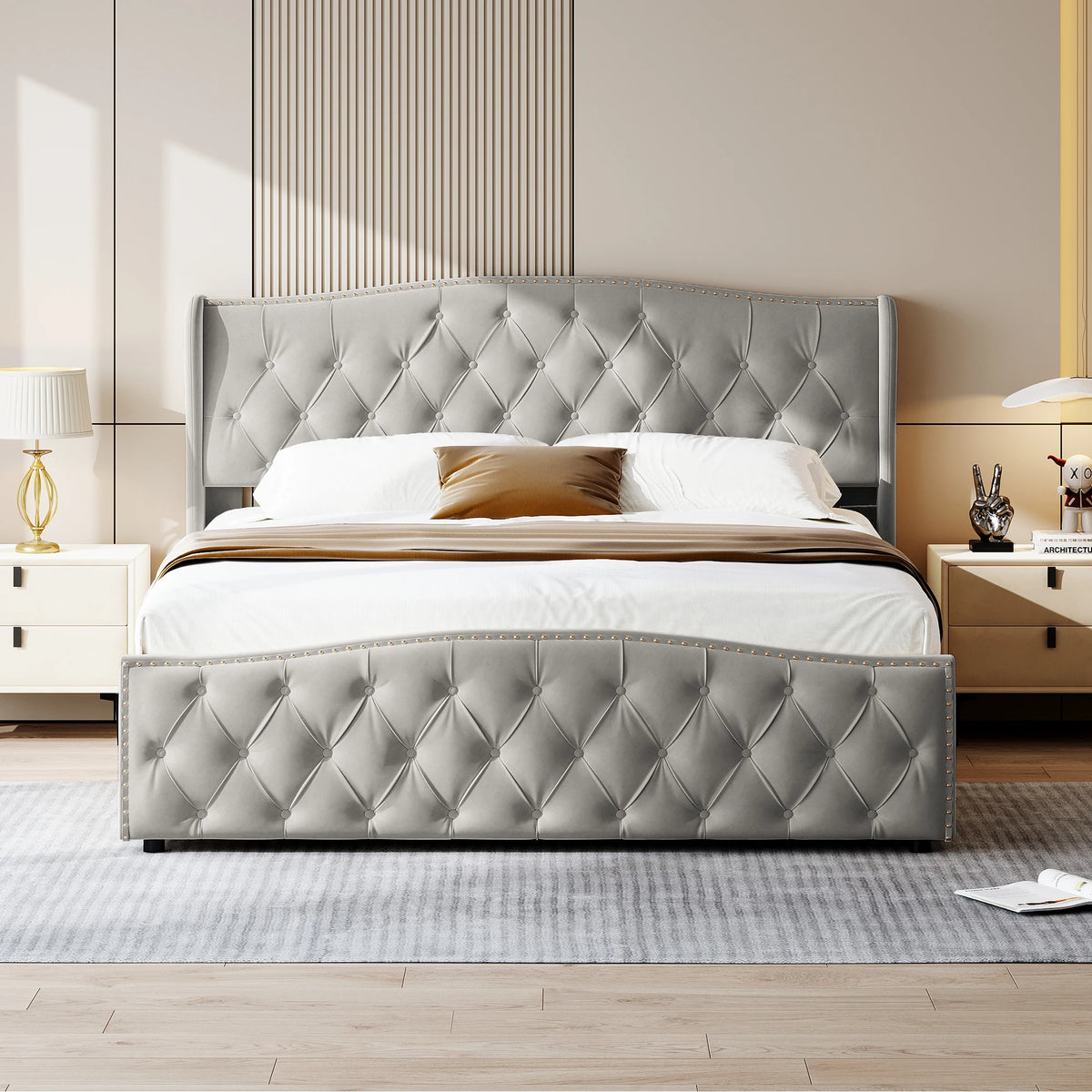 Cama estofada ROSAHQNDA, cama hidráulica em estilo moderno, 140/160 x 200 cm, rebite de flanela cinza. Cama de casal sem colchão