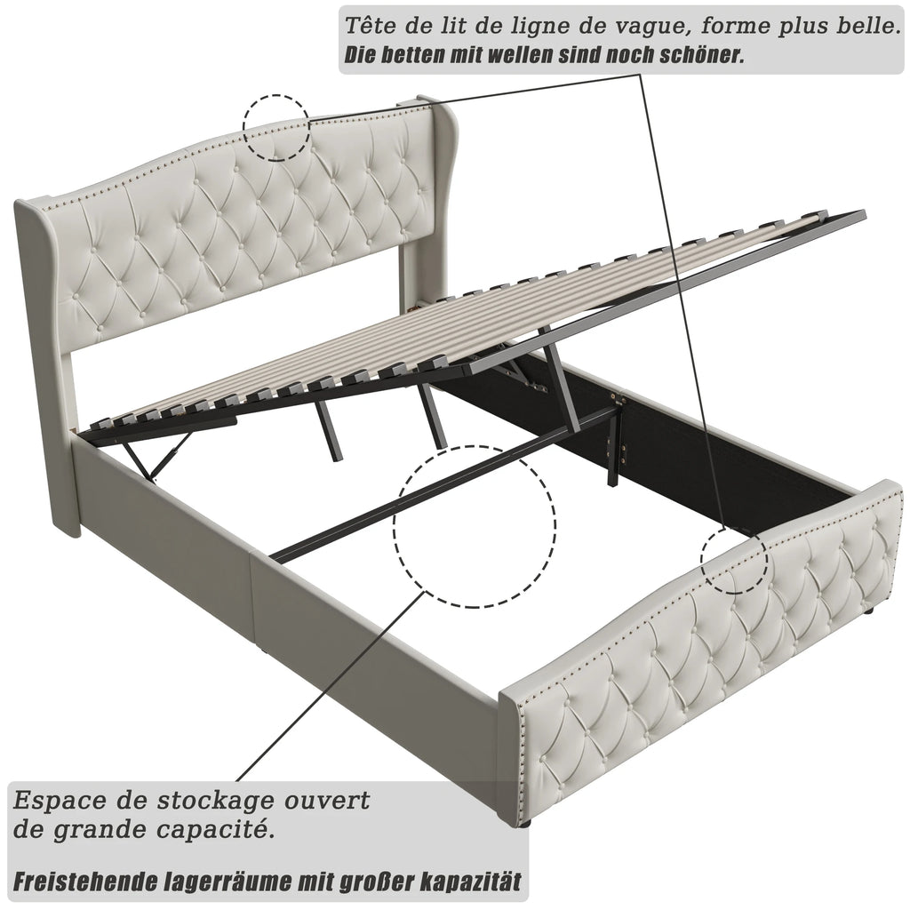 Cama estofada ROSAHQNDA, cama hidráulica em estilo moderno, 140/160 x 200 cm, rebite de flanela cinza. Cama de casal sem colchão