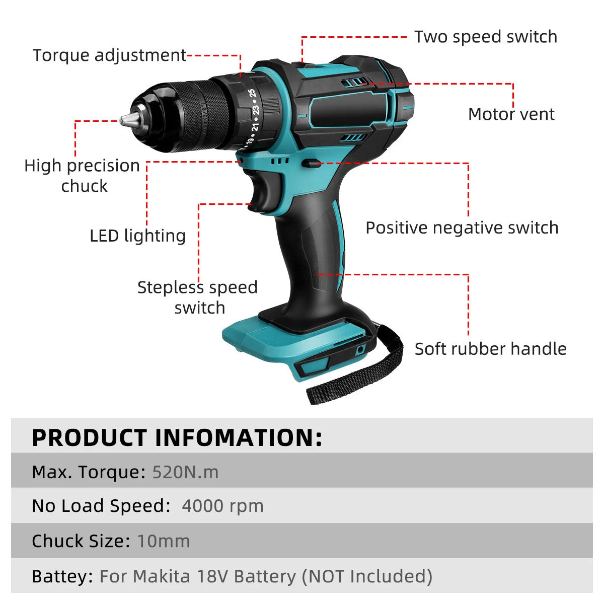 3 em 1, 4000rpm, 520N. Furadeira de Impacto Elétrica M Torque com Mandril de 10mm, Broca Plana, Martelo e Parafusadeira Elétrica Compatível com Bateria Makita