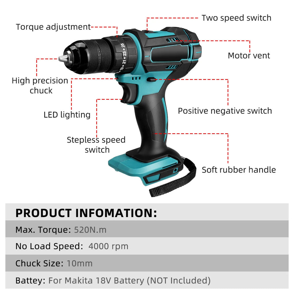 3 em 1, 4000rpm, 520N. Furadeira de Impacto Elétrica M Torque com Mandril de 10mm, Broca Plana, Martelo e Parafusadeira Elétrica Compatível com Bateria Makita