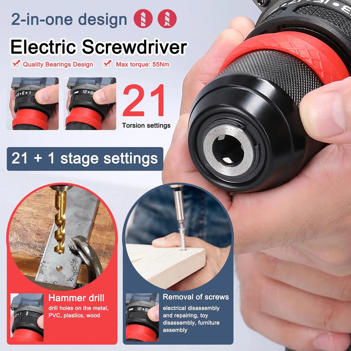 3 em 1, 4000rpm, 520N. Furadeira de Impacto Elétrica M Torque com Mandril de 10mm, Broca Plana, Martelo e Parafusadeira Elétrica Compatível com Bateria Makita