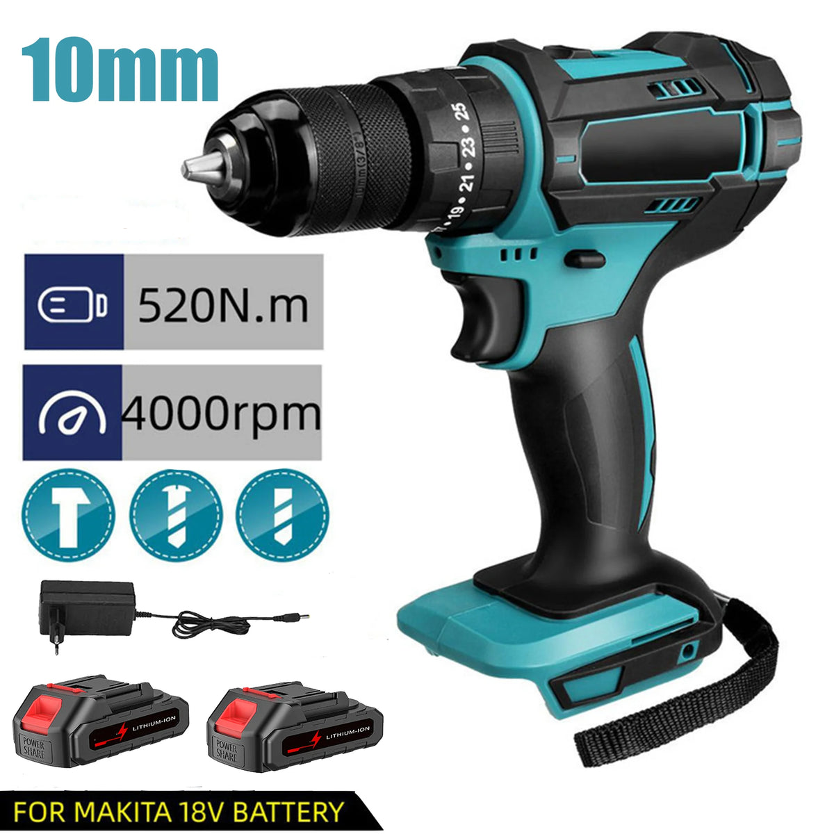 3 em 1, 4000rpm, 520N. Furadeira de Impacto Elétrica M Torque com Mandril de 10mm, Broca Plana, Martelo e Parafusadeira Elétrica Compatível com Bateria Makita
