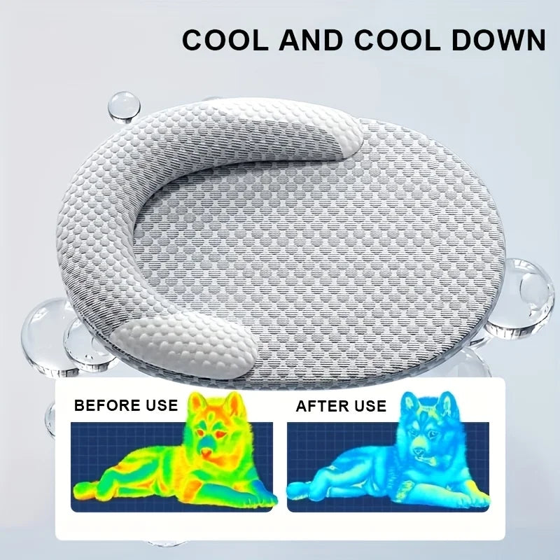 Cama Refrescante para Gatos – Tapete Redondo Respirável e Lavável para Animais de Estimação com Suporte para o Pescoço, Cama de Verão Projetada para Climas Quentes