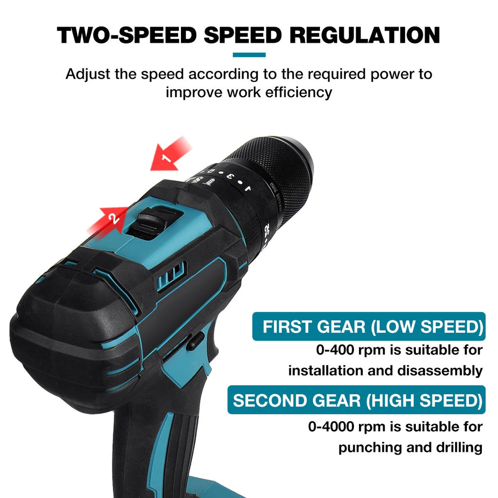 3 em 1, 4000rpm, 520N. Furadeira de Impacto Elétrica M Torque com Mandril de 10mm, Broca Plana, Martelo e Parafusadeira Elétrica Compatível com Bateria Makita