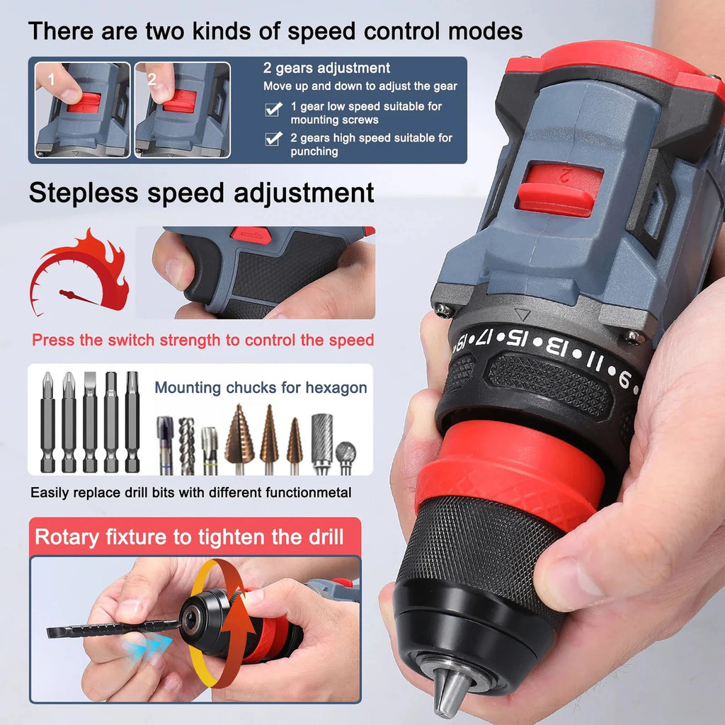3 em 1, 4000rpm, 520N. Furadeira de Impacto Elétrica M Torque com Mandril de 10mm, Broca Plana, Martelo e Parafusadeira Elétrica Compatível com Bateria Makita