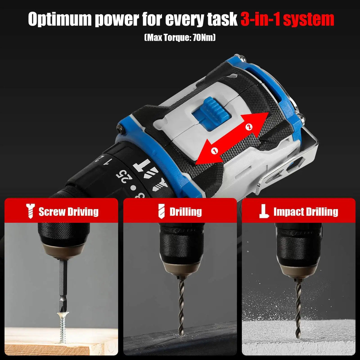 3 em 1, 4000rpm, 520N. Furadeira de Impacto Elétrica M Torque com Mandril de 10mm, Broca Plana, Martelo e Parafusadeira Elétrica Compatível com Bateria Makita