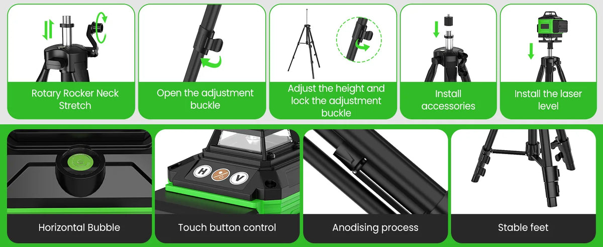 Nível Laser 4D 16 Linhas 4 x 360 °   Ferramenta de nivelamento de função de autonivelamento de nível a laser com tripé ajustável de altura de 1 m