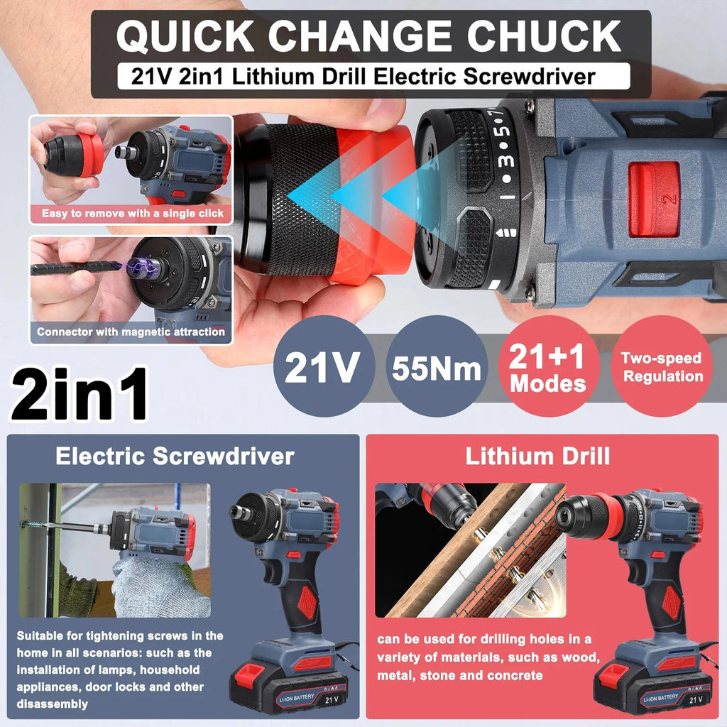3 em 1, 4000rpm, 520N. Furadeira de Impacto Elétrica M Torque com Mandril de 10mm, Broca Plana, Martelo e Parafusadeira Elétrica Compatível com Bateria Makita