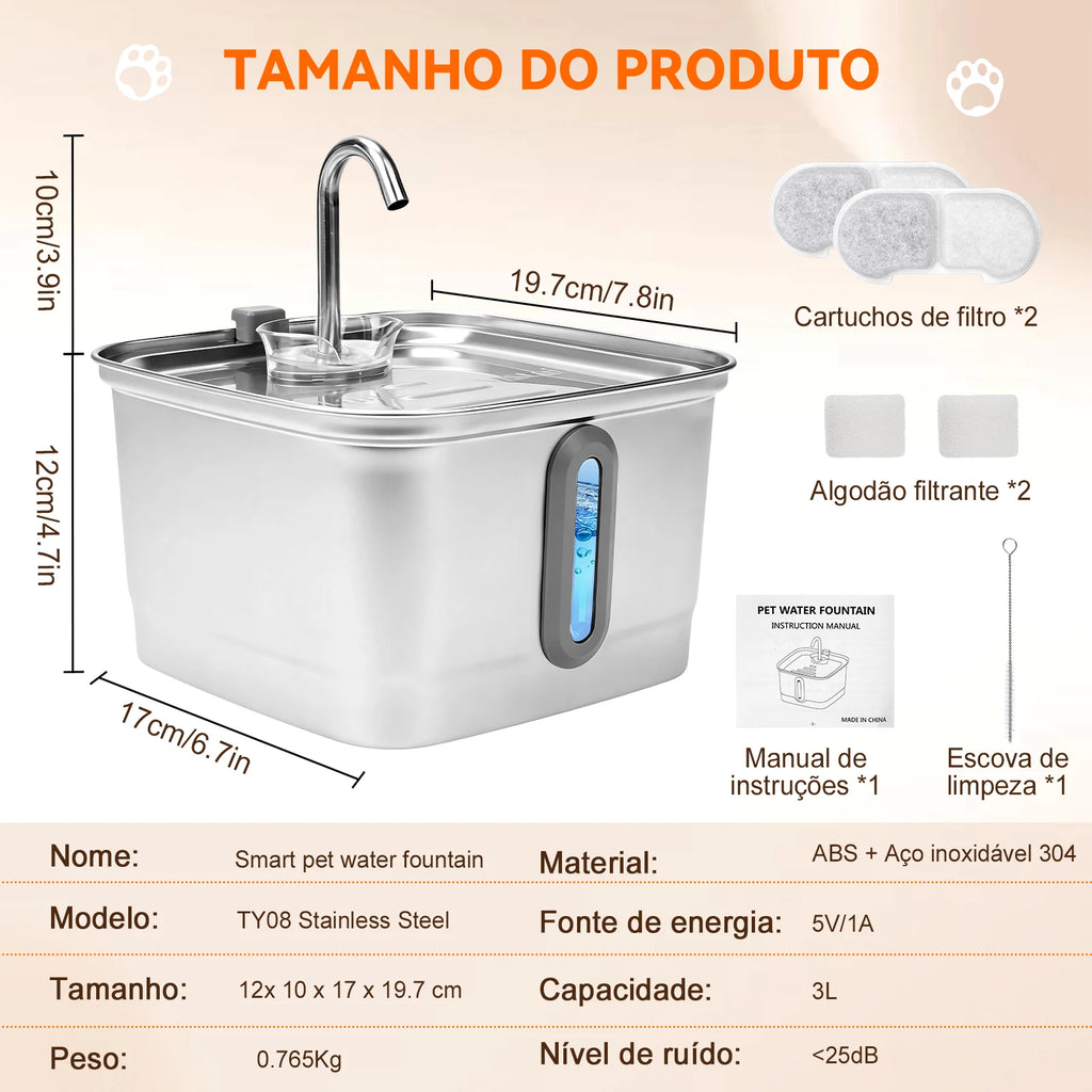 Mstail TY08 3L Stainless Steel Pet Water Dispenser Auto Cat Dog Fountain Visual Window Silent Water Feeder Classic Faucet Design