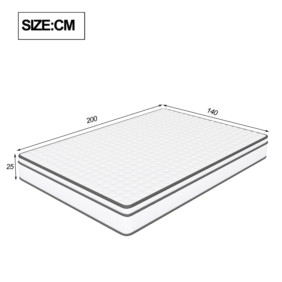 Colchão 140x190cm Altura 25cm Colchão de molas de bolso com espuma confortável, colchão para adultos de dureza média