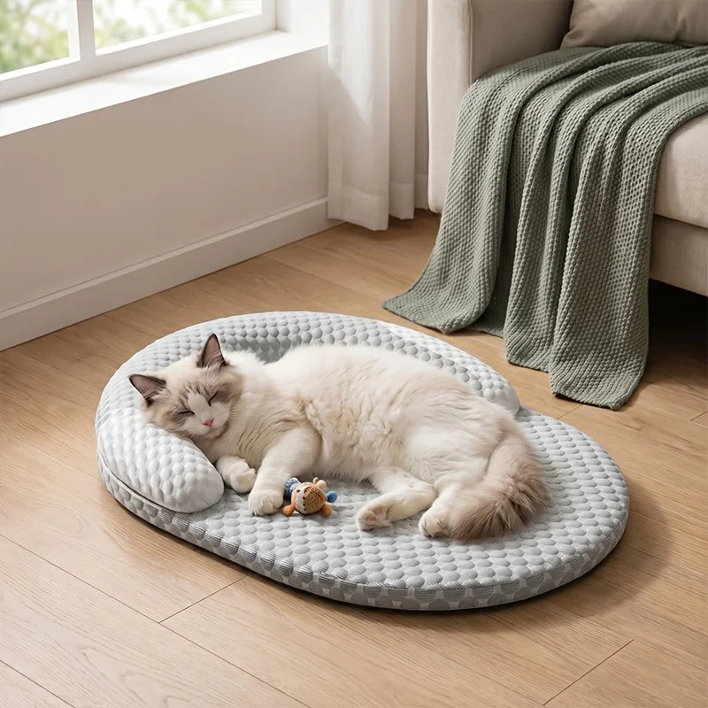Cama Refrescante para Gatos – Tapete Redondo Respirável e Lavável para Animais de Estimação com Suporte para o Pescoço, Cama de Verão Projetada para Climas Quentes