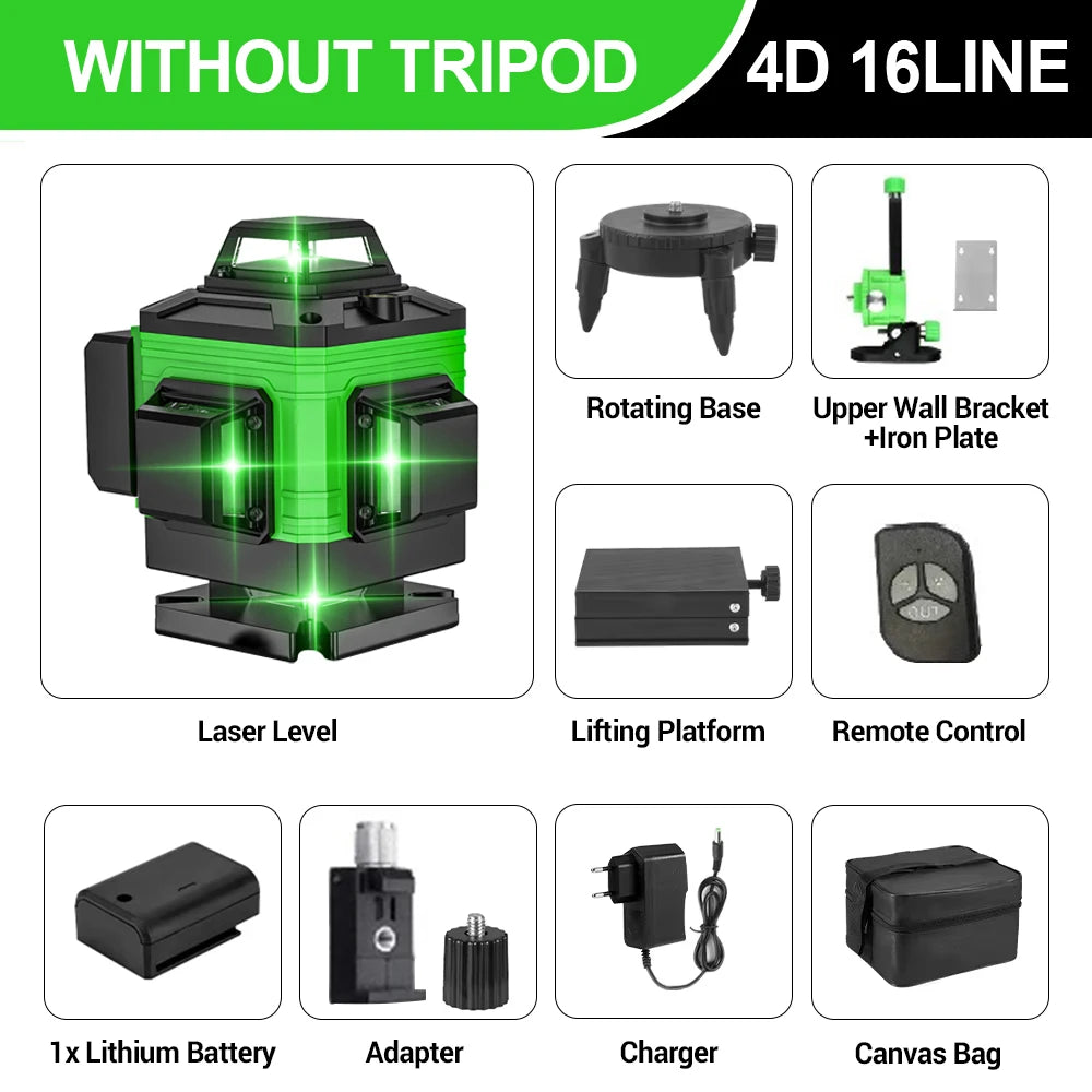 Nível Laser 4D 16 Linhas 4 x 360 °   Ferramenta de nivelamento de função de autonivelamento de nível a laser com tripé ajustável de altura de 1 m