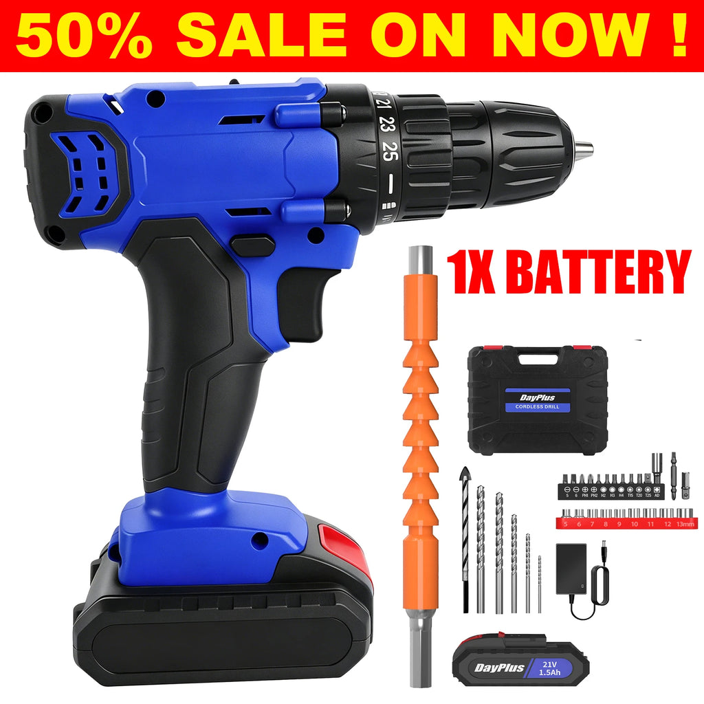 Furadeira Sem Fio 21V, Kit de Furadeira Elétrica com Bateria de Íon de Lítio de 1500mAh, Chave de Fenda Sem Fio 25+1 Torques, 45N.m Máx., 29 Acessórios, 2 Velocidades Variáveis, Luz LED para Projetos DIY em Casa e Jardi