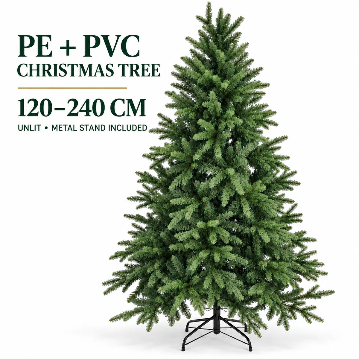 Árvore de Natal Artificial de PE PVC com Pontas Mistas Realistas, Verde, Sem Luzes, 120 150 180 210 240cm com Suporte de Metal