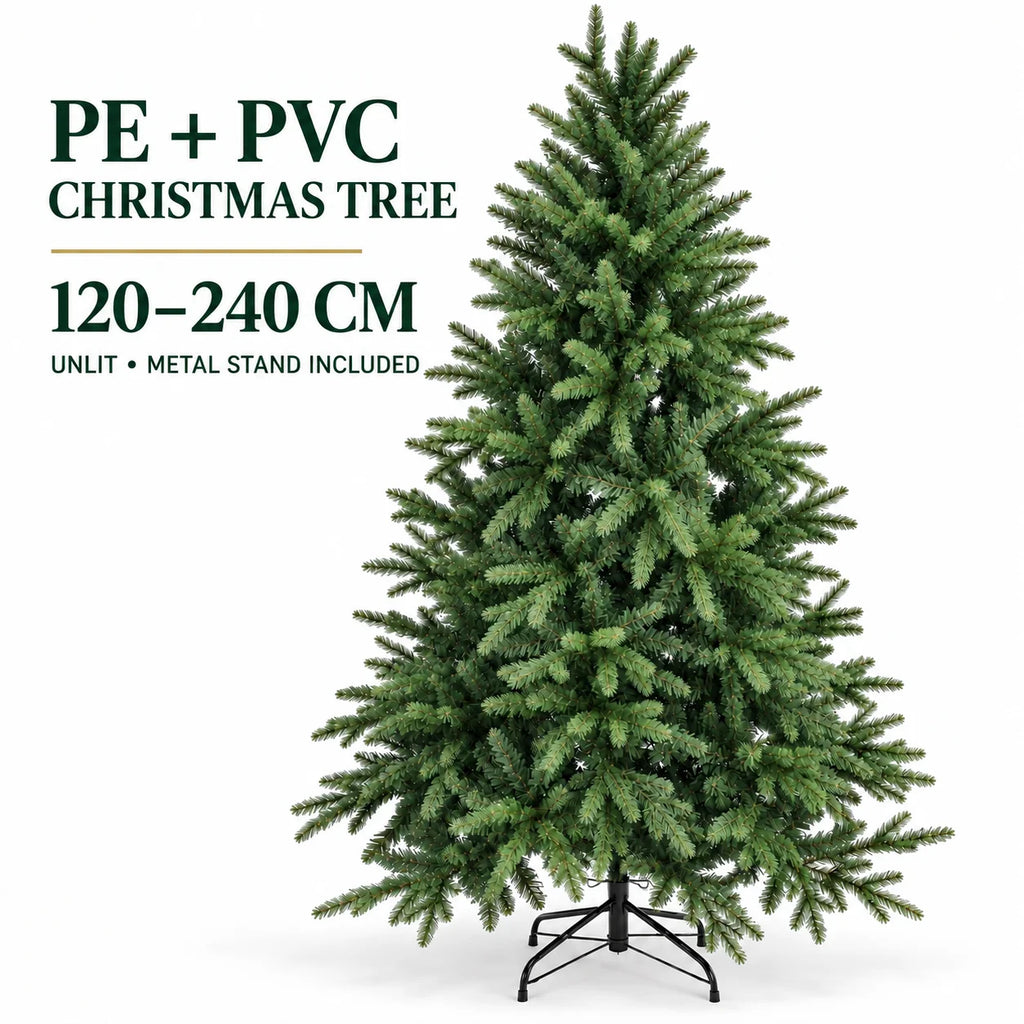 Árvore de Natal Artificial de PE PVC com Pontas Mistas Realistas, Verde, Sem Luzes, 120 150 180 210 240cm com Suporte de Metal