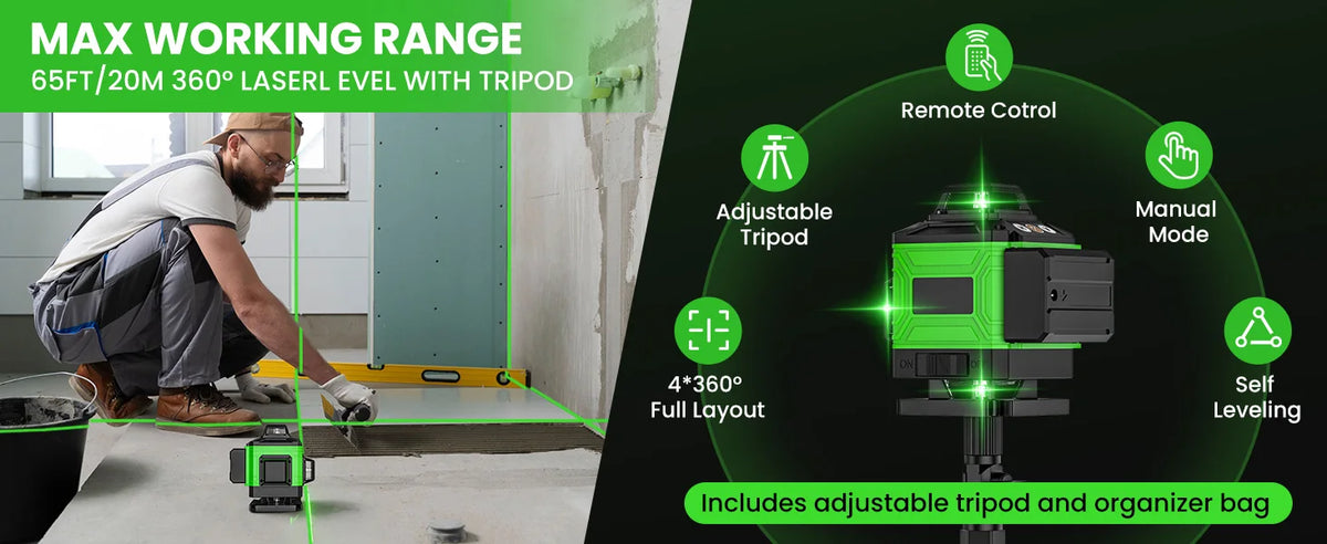 Nível Laser 4D 16 Linhas 4 x 360 °   Ferramenta de nivelamento de função de autonivelamento de nível a laser com tripé ajustável de altura de 1 m