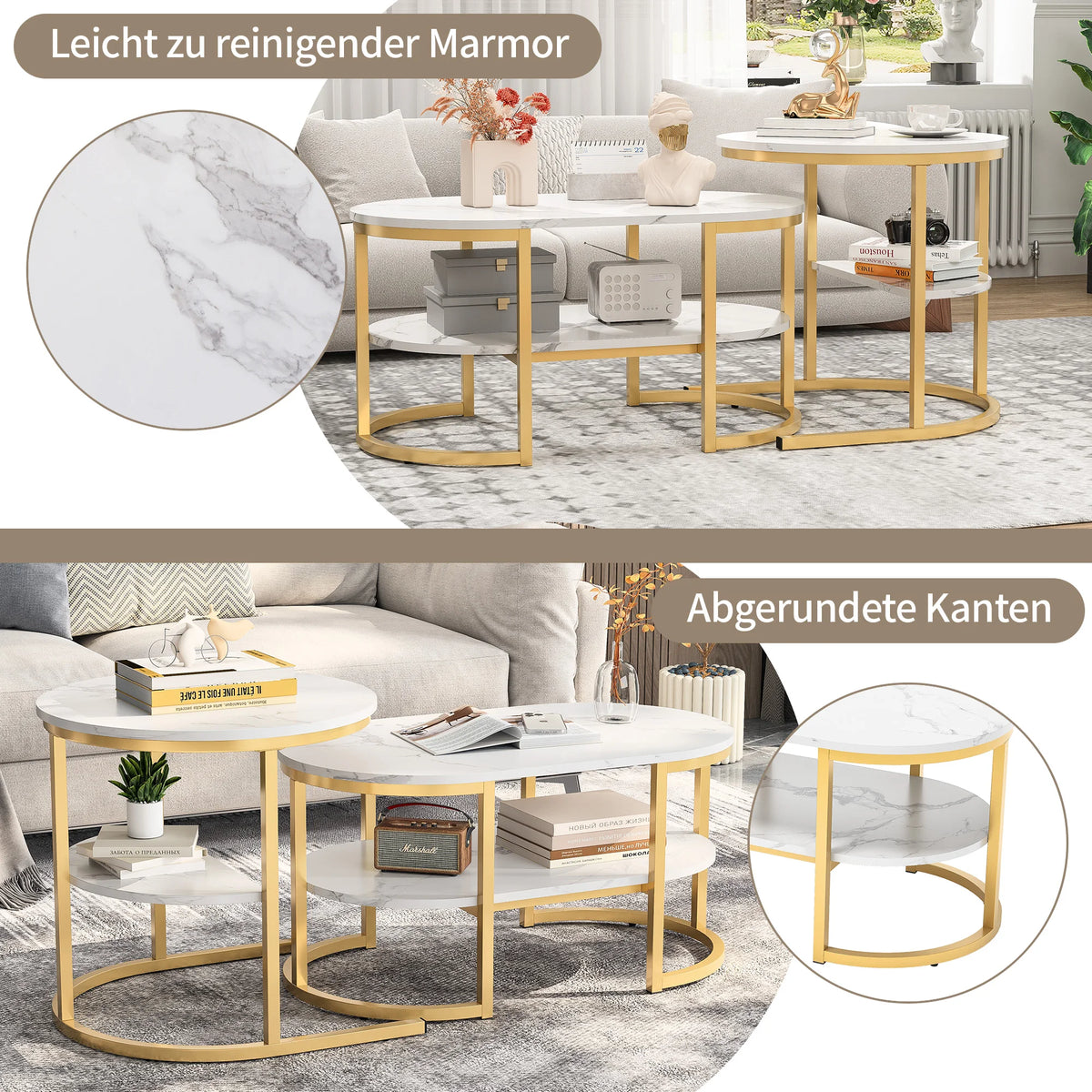 Rosahqnda Conjunto moderno de 2 mesas de sofá com grandes superfícies de arrumação, tampo de mesa com padrão de mármore e suportes metálicos resistentes