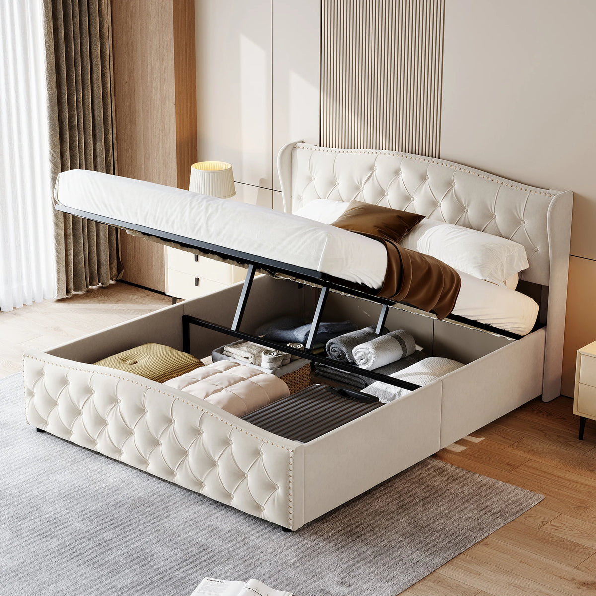Cama estofada ROSAHQNDA, cama hidráulica em estilo moderno, 140/160 x 200 cm, rebite de flanela cinza. Cama de casal sem colchão