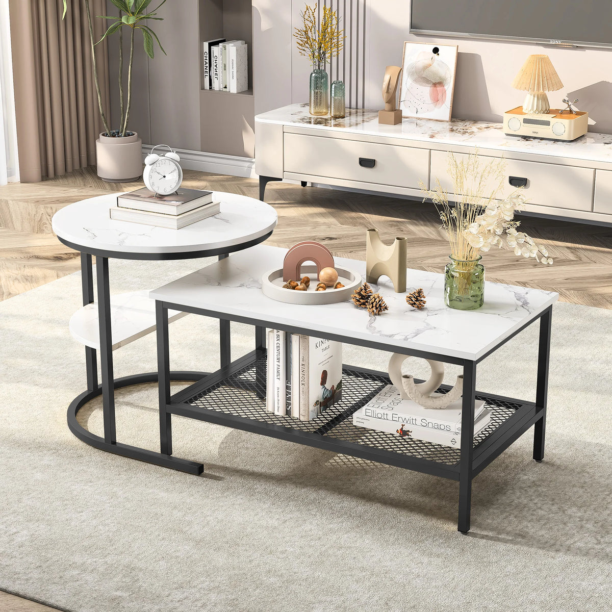 Rosahqnda Conjunto moderno de 2 mesas de sofá com grandes superfícies de arrumação, tampo de mesa com padrão de mármore e suportes metálicos resistentes