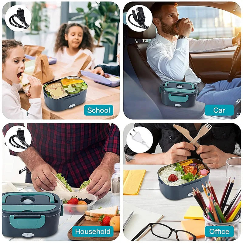 2 em 1 carro casa 12v 24v 110v 220v lancheira elétrica portátil piquenique escola alimentos aquecimento recipiente mais quente conjunto de aço inoxidável