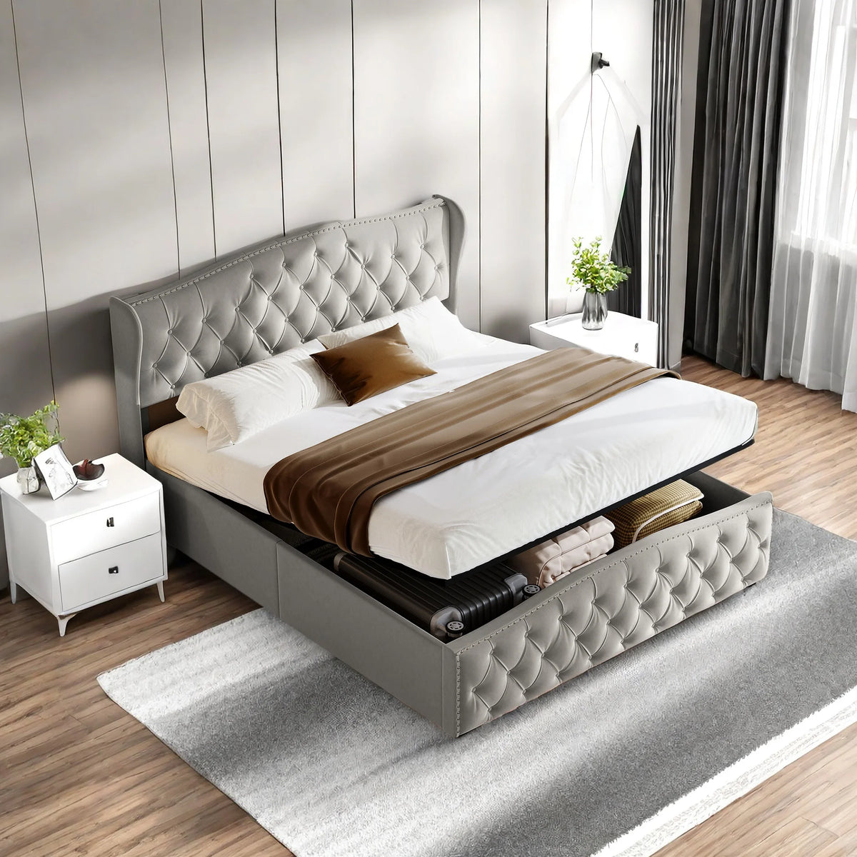 Cama estofada ROSAHQNDA, cama hidráulica em estilo moderno, 140/160 x 200 cm, rebite de flanela cinza. Cama de casal sem colchão