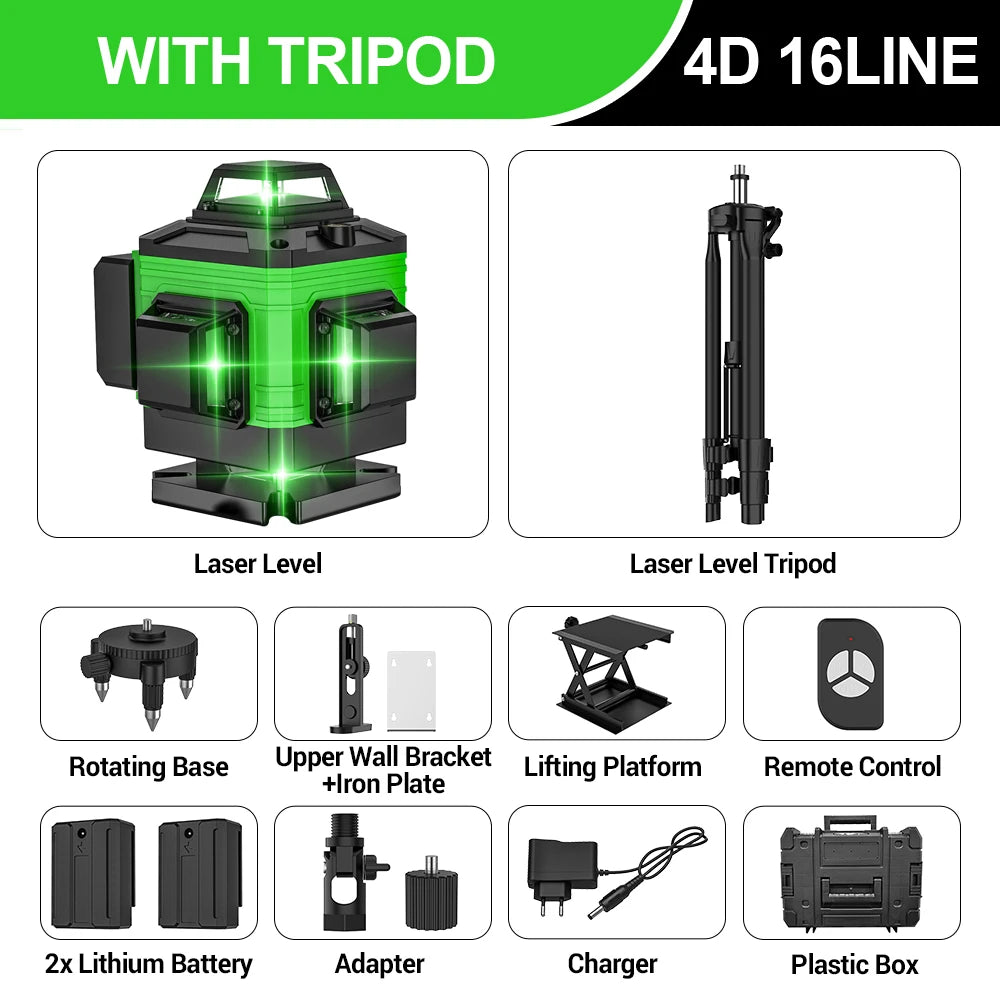 Nível Laser 4D 16 Linhas 4 x 360 °   Ferramenta de nivelamento de função de autonivelamento de nível a laser com tripé ajustável de altura de 1 m