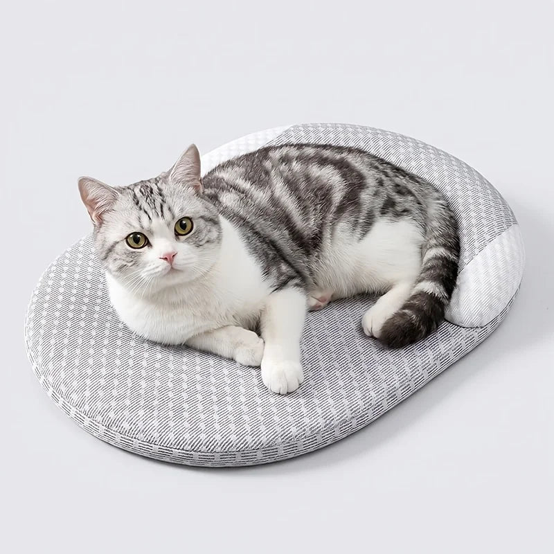 Cama Refrescante para Gatos – Tapete Redondo Respirável e Lavável para Animais de Estimação com Suporte para o Pescoço, Cama de Verão Projetada para Climas Quentes