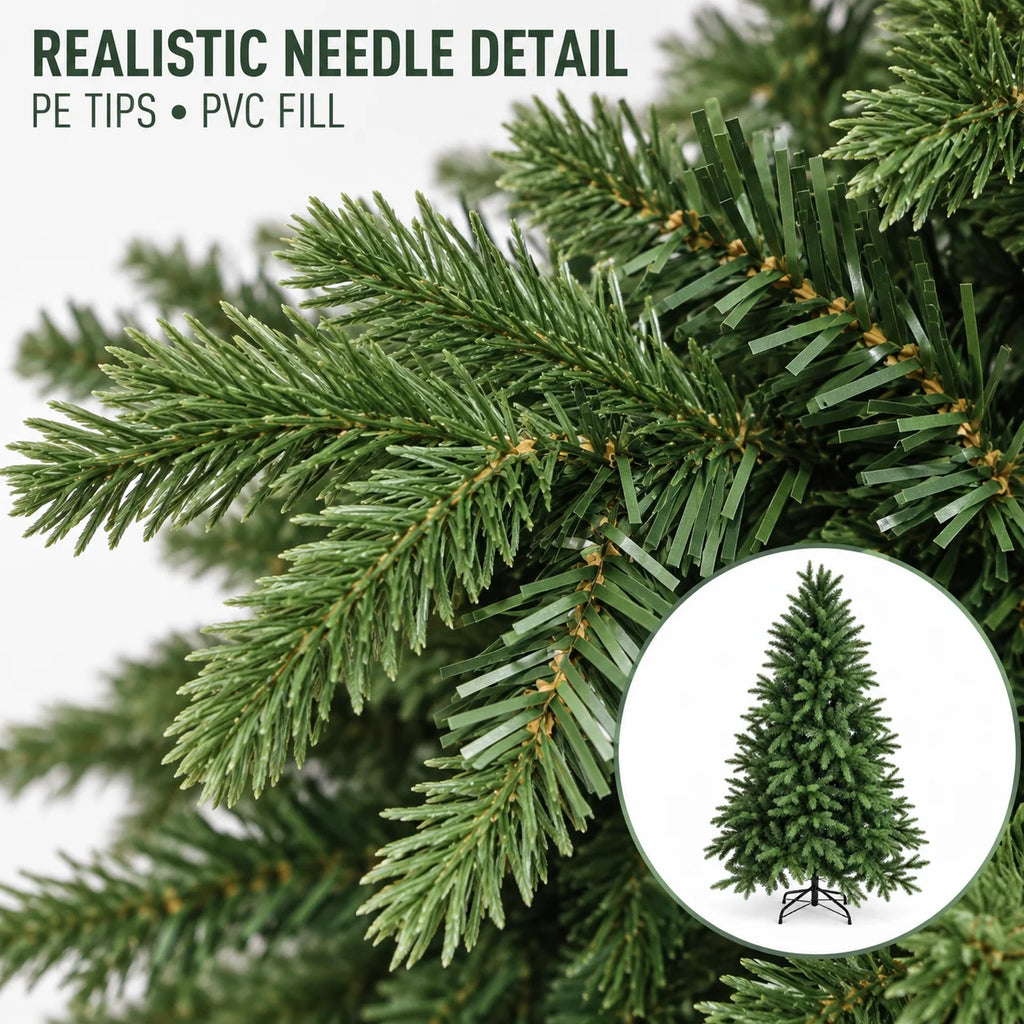 Árvore de Natal Artificial de PE PVC com Pontas Mistas Realistas, Verde, Sem Luzes, 120 150 180 210 240cm com Suporte de Metal