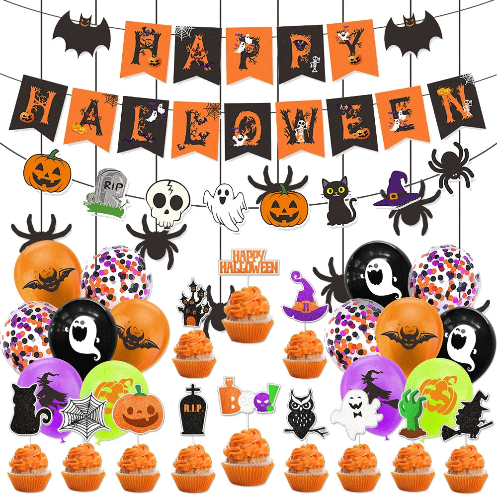 Conjunto de Decorações para Festa de Halloween: Banner Feliz Halloween, Guirlanda Doçura ou Travessura, Teias de Aranha, Espirais Penduradas, Toppers para Cupcakes e Balões