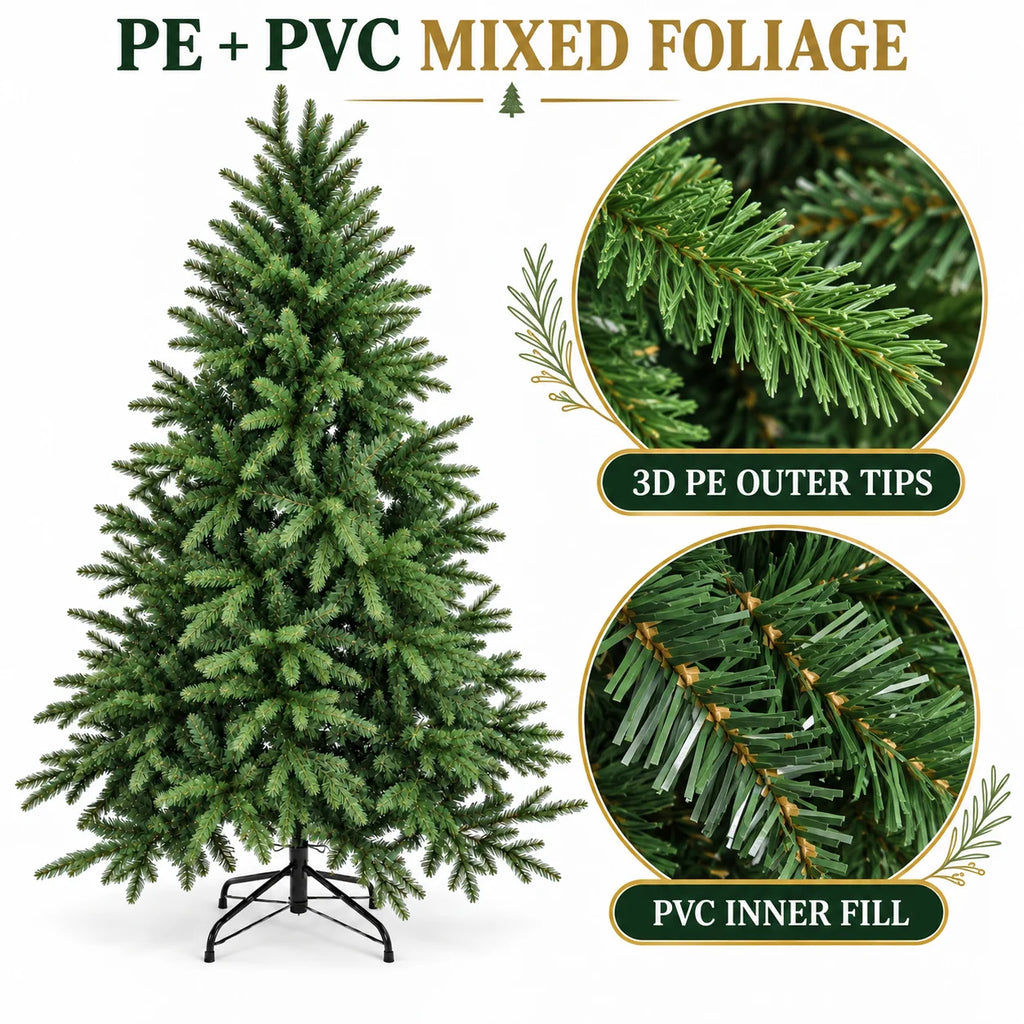 Árvore de Natal Artificial de PE PVC com Pontas Mistas Realistas, Verde, Sem Luzes, 120 150 180 210 240cm com Suporte de Metal