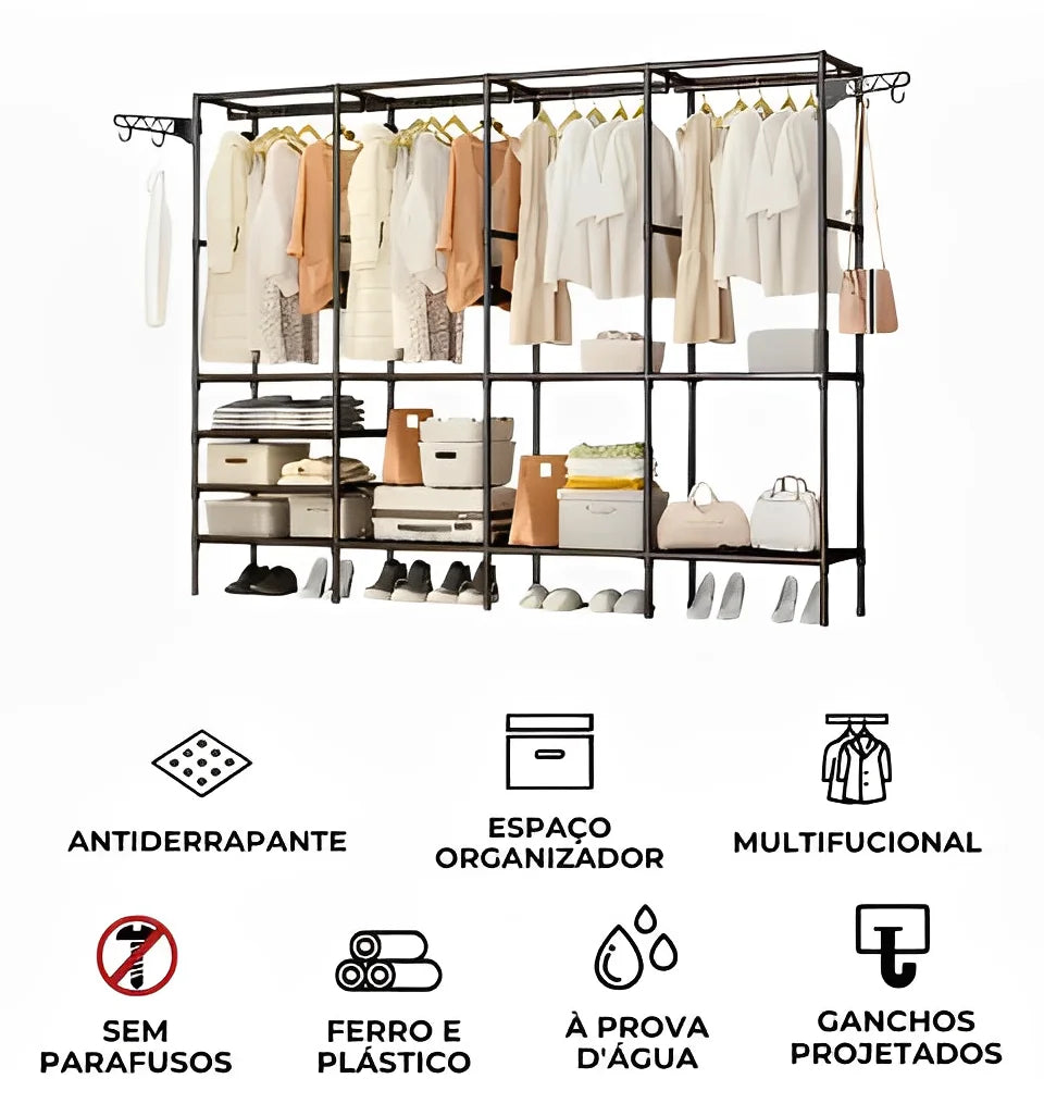 Roupeiro Guarda Roupa Portatil Cabideiro Arara Para Roupas Sapateira Organizador Multiuso Armário 4 Divisórias - Neverdie Store