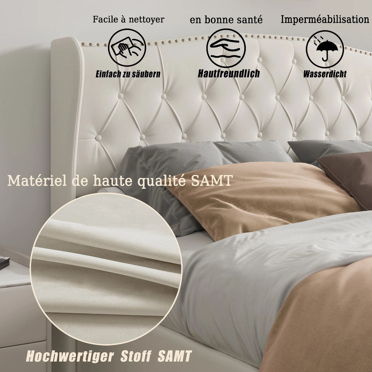 Cama estofada ROSAHQNDA, cama hidráulica em estilo moderno, 140/160 x 200 cm, rebite de flanela cinza. Cama de casal sem colchão