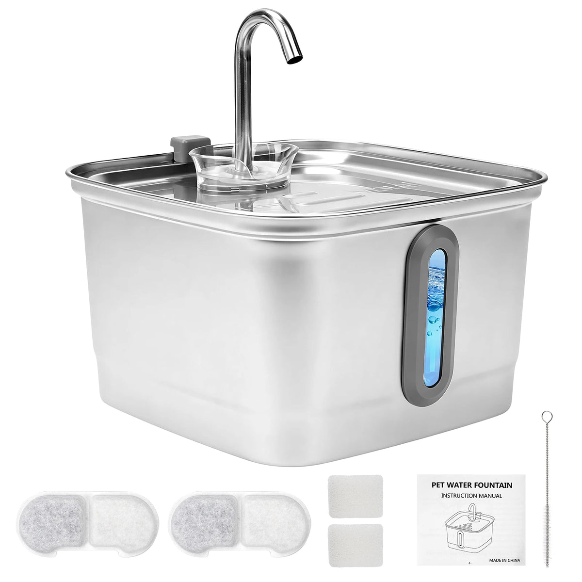 Mstail TY08 3L Stainless Steel Pet Water Dispenser Auto Cat Dog Fountain Visual Window Silent Water Feeder Classic Faucet Design