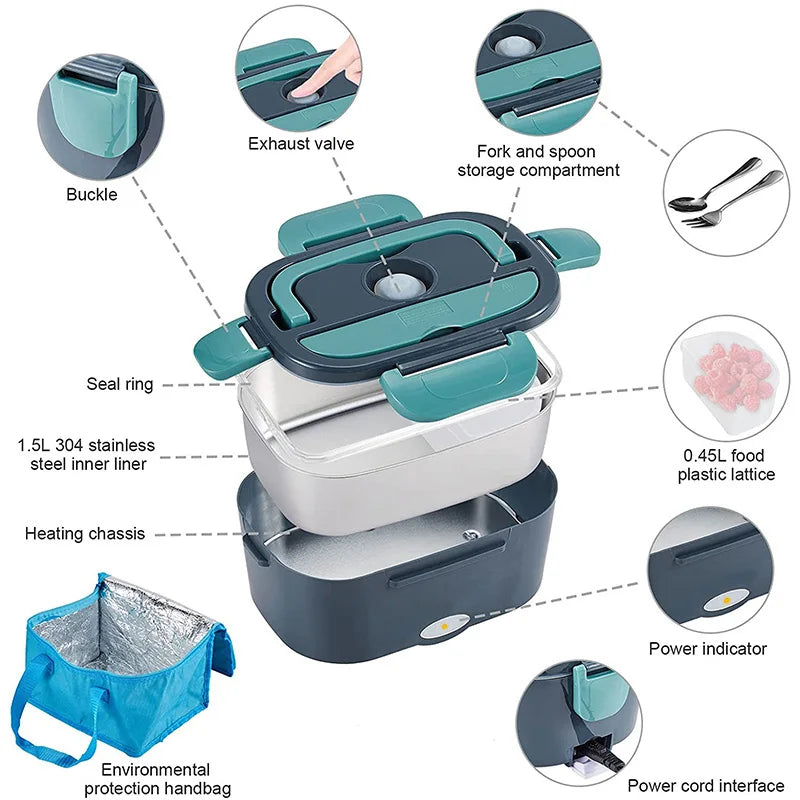 2 em 1 carro casa 12v 24v 110v 220v lancheira elétrica portátil piquenique escola alimentos aquecimento recipiente mais quente conjunto de aço inoxidável