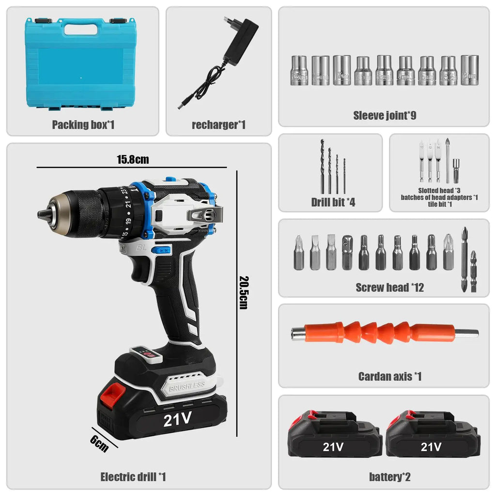 3 em 1, 4000rpm, 520N. Furadeira de Impacto Elétrica M Torque com Mandril de 10mm, Broca Plana, Martelo e Parafusadeira Elétrica Compatível com Bateria Makita