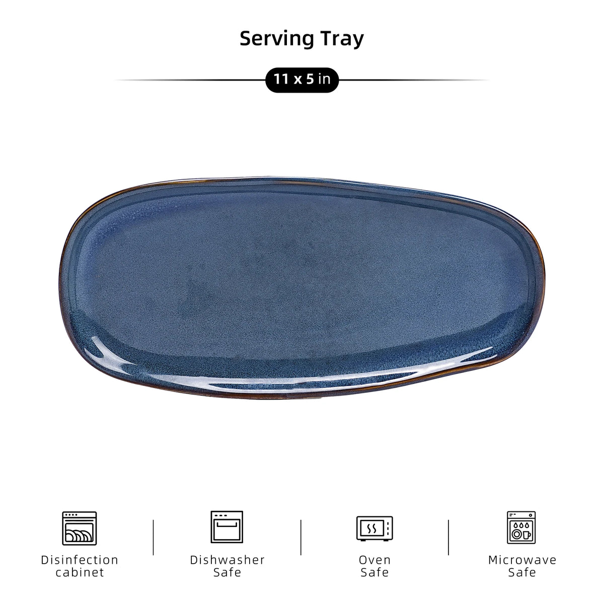 Organic Shape Irregular Ceramic Stoneware Blue Reactive Glaze Serving Tray 11in/13in Family Kitchen Use 6pc/12pc Dinnerware Sets
