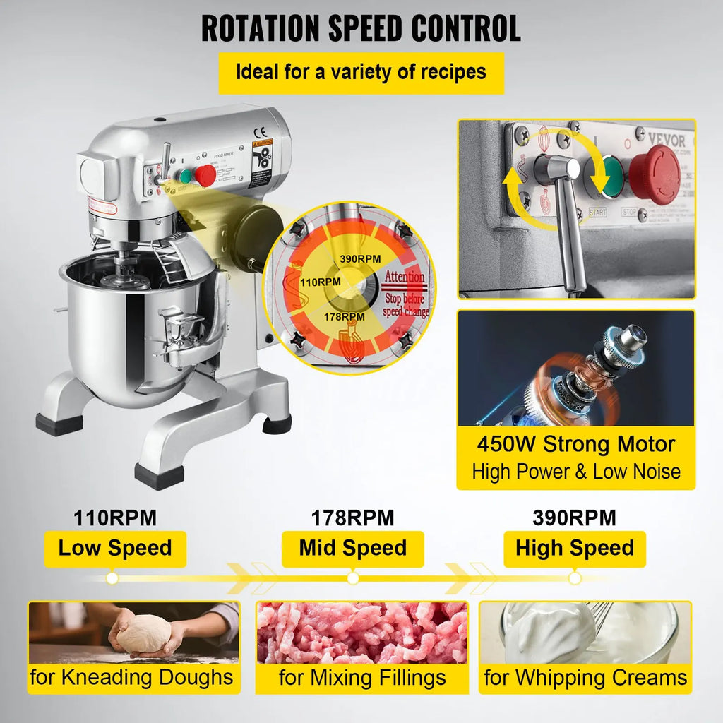Commercial 10Qt Food Mixer 450W 3 Speeds Adjustable 110/178/390 RPM Heavy Duty 110V Stainless Steel Bowl Dough Hooks Electric