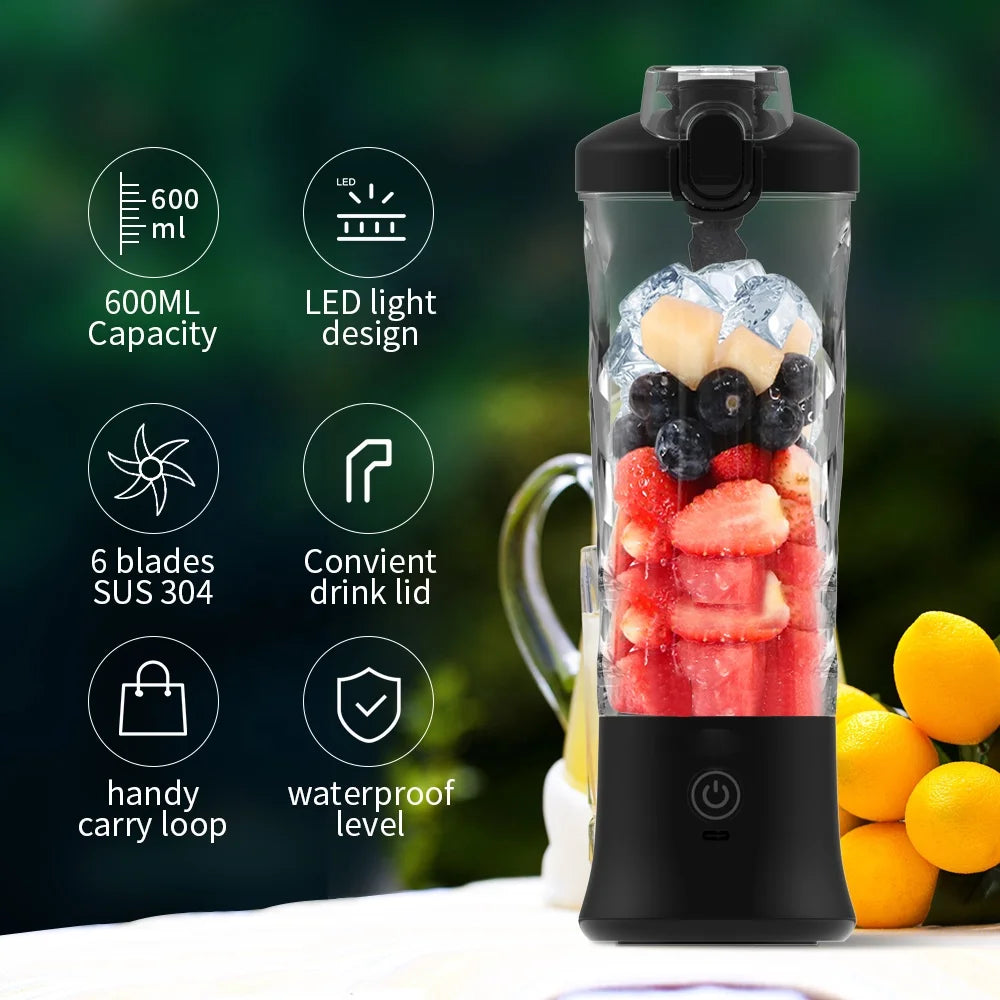 600ml USB Charging Personal Blender 6-Blade Cordless Portable Juicer for Smoothies & Protein Shakes Gym Essentials