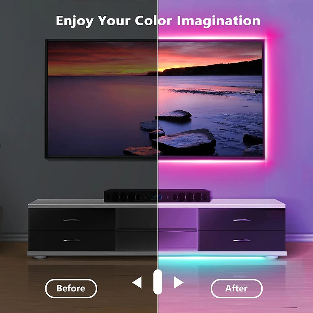 USB Bluetooth LED Strip Light, luzes RGB, lâmpada flexível, fita, auto-adesivo, TV, diodo de mesa, 5050 SMD, 5V