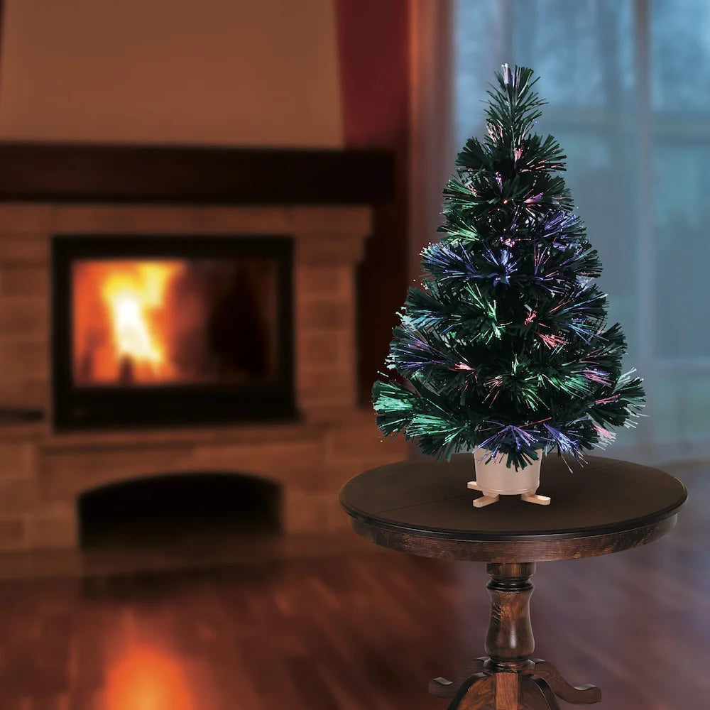 Mini árvore de Natal artificial de mesa de fibra óptica com luzes LED, base dourada, verde, pré-iluminada, árvore de Natal, 24 polegadas