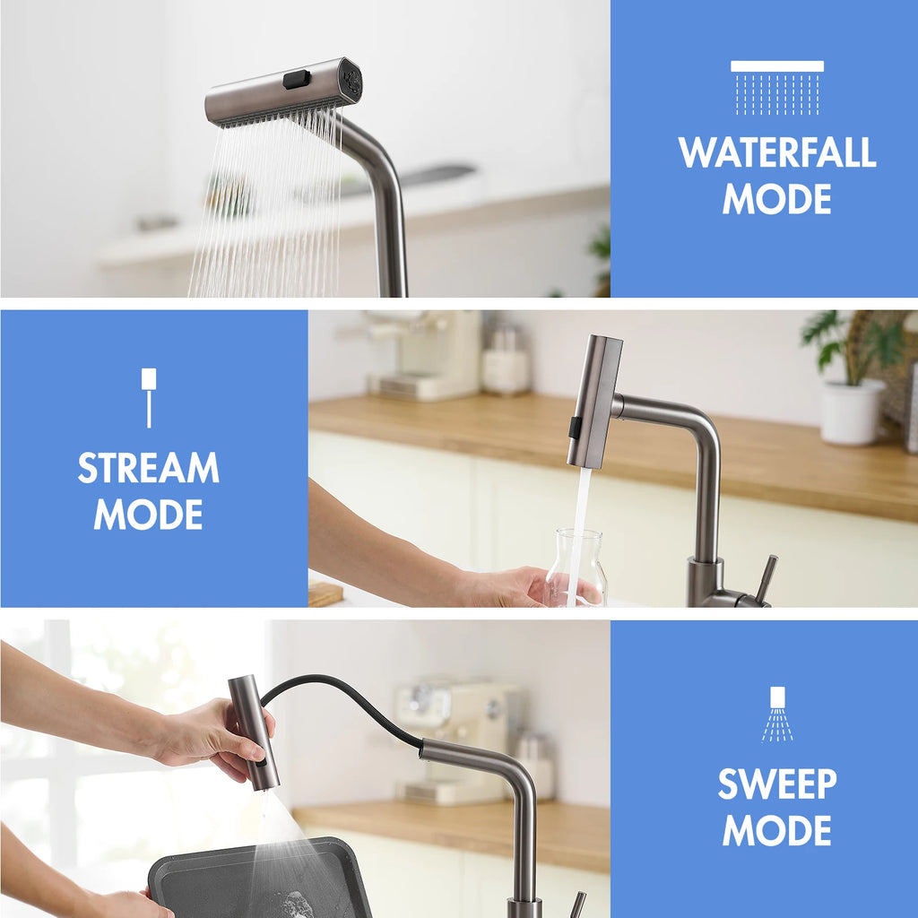 Modern Single Handle 360° Swivel Stainless Steel Waterfall Kitchen Faucet with Pull Out Sprayer Single Hole Kitchen Sink Faucet