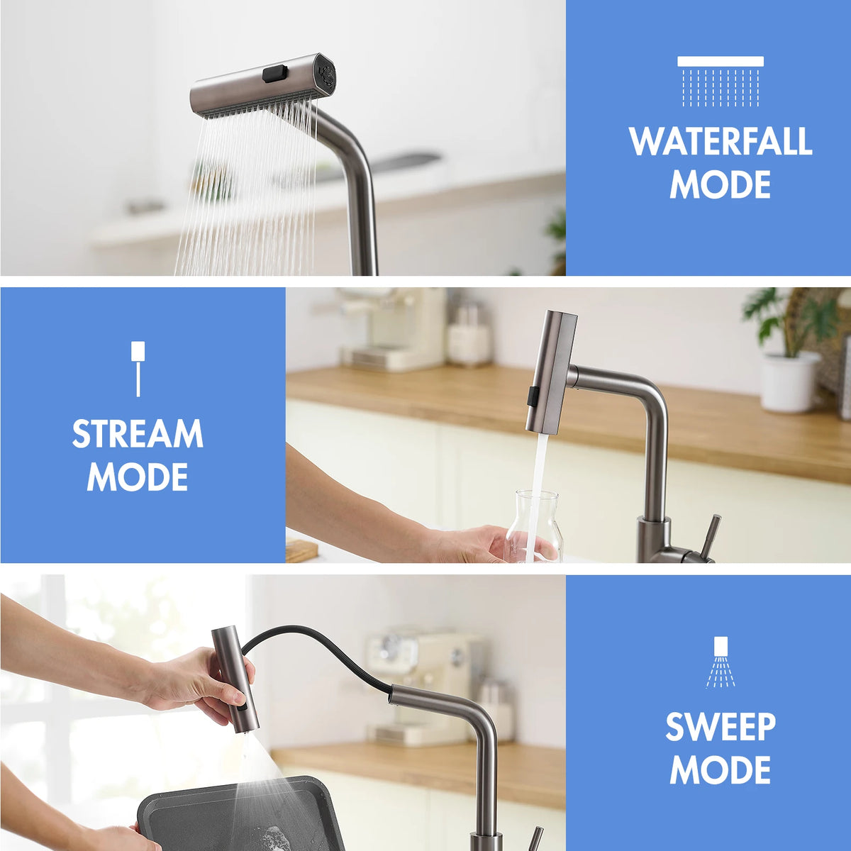 Modern Single Handle 360° Swivel Stainless Steel Waterfall Kitchen Faucet with Pull Out Sprayer Single Hole Kitchen Sink Faucet