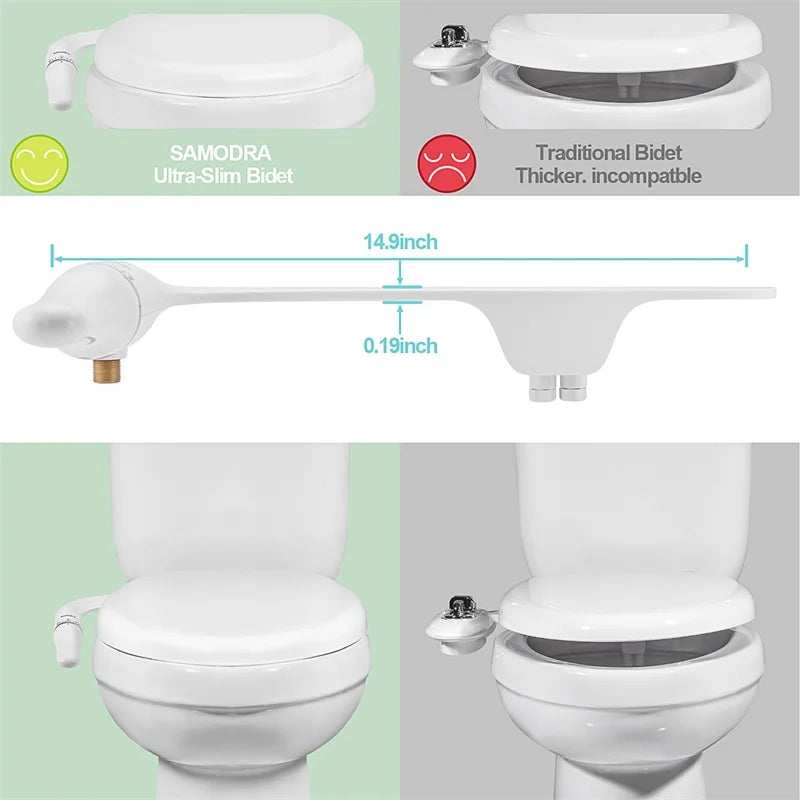 SAMODRA Bidé de vaso sanitário ultrafino, acessório de assento de vaso sanitário com entrada de latão, pressão de água ajustável, chuveiro higiênico de banheiro