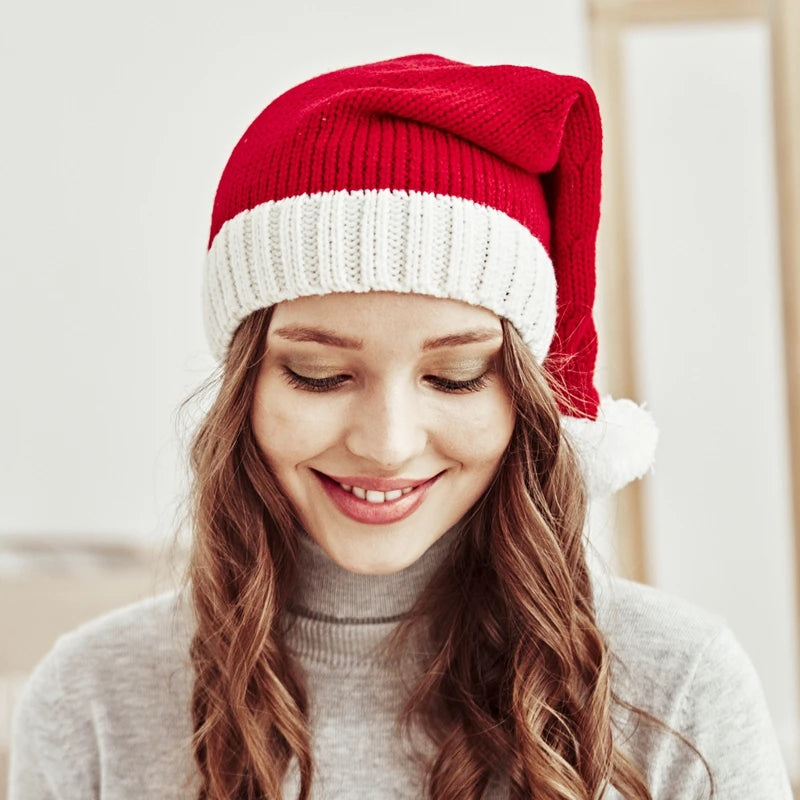 Gorro de Natal Tricotado 2026 com Pompom Fofo para Adultos, Touca Macia de Papai Noel, Presente de Ano Novo para Família, Decoração de Natal