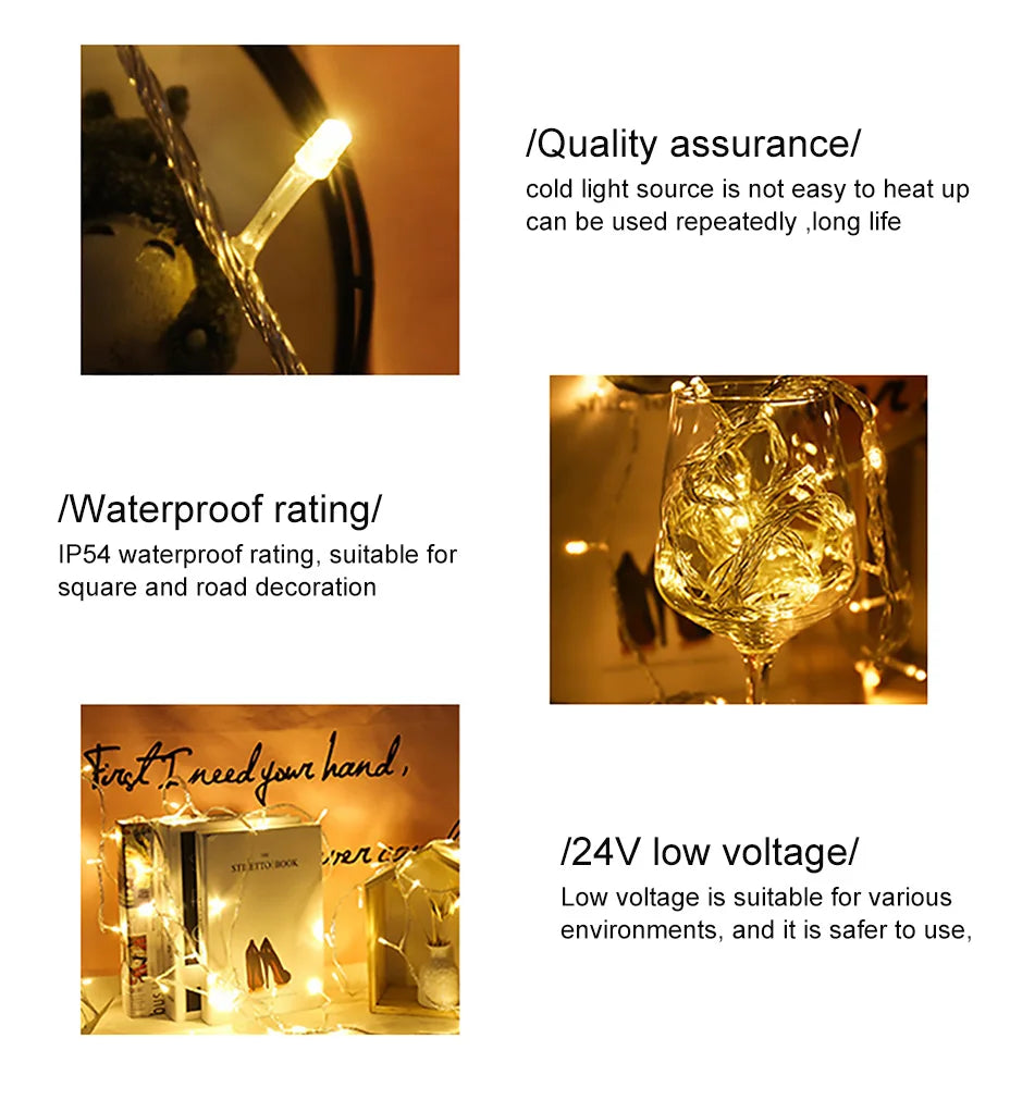 Luzes de Natal LED 24V-31V 100M 50M 30M 20M 10M à Prova d'Água, Guirlanda de Luzes de Fada para Árvore, Iluminação de Natal ao Ar Livre