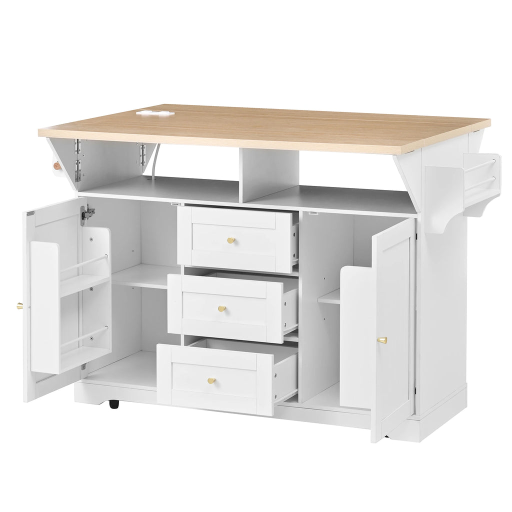 Modern Eco-Friendly MDF Kitchen Cabinet Island Rolling Cart 5-Wheel Drop Leaf Design Folding Dining Table 3 Drawers Spice Rack