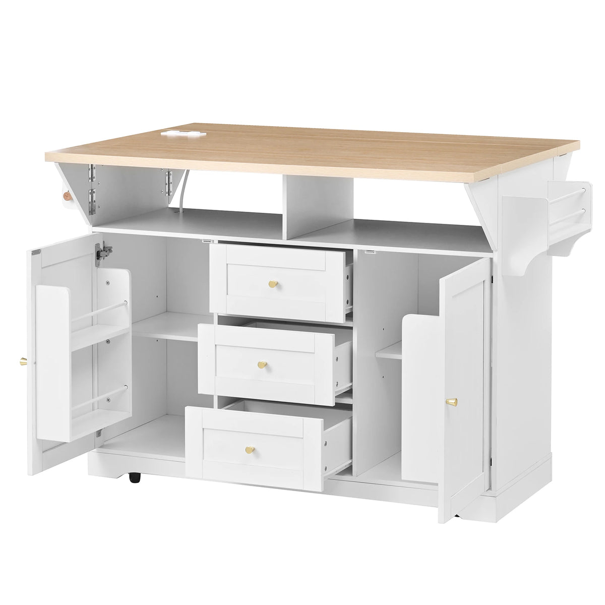 Modern Eco-Friendly MDF Kitchen Cabinet Island Rolling Cart 5-Wheel Drop Leaf Design Folding Dining Table 3 Drawers Spice Rack